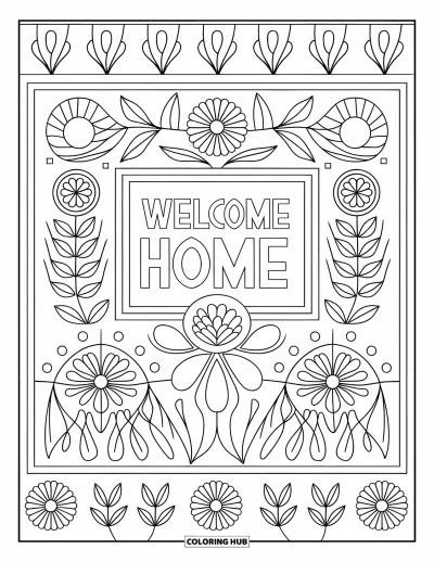 Välkommen hem-målarbild för vuxna: Etnisk textilväggbonad med blommor, mönster och en "Welcome Home"-skylt