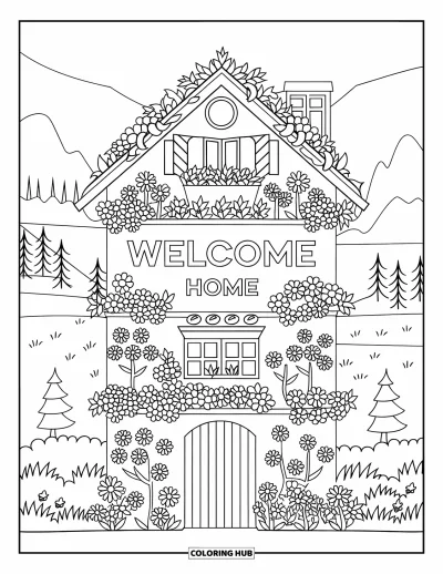 Välkommen hem-målarbild för vuxna: Trädgårdsvägg formad som ett hus med blommor, grind och "Welcome Home"-skylt