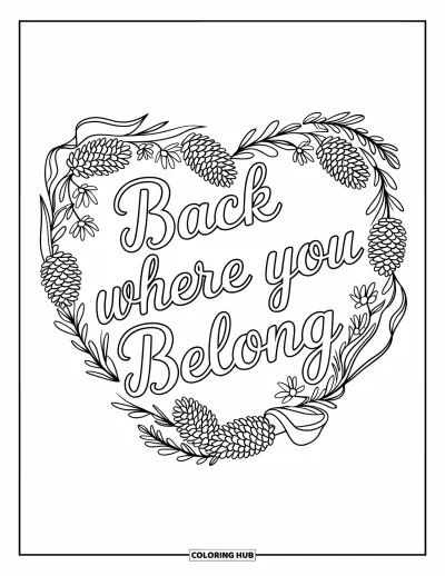 Välkommen hem-målarbild för vuxna: Hjärtformad krans med kottar, vilda blommor, band och texten "Back Where You Belong"