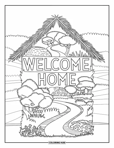 Välkommen hem-målarbild för vuxna: Husformad trädgårdsvägg med slingrande stig och söt "Welcome Home"-text