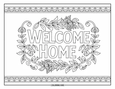 Välkommen hem-målarbild för vuxna: Konstnärlig "Welcome Home"-text med blomsterrankor, blad och dekorativ ram