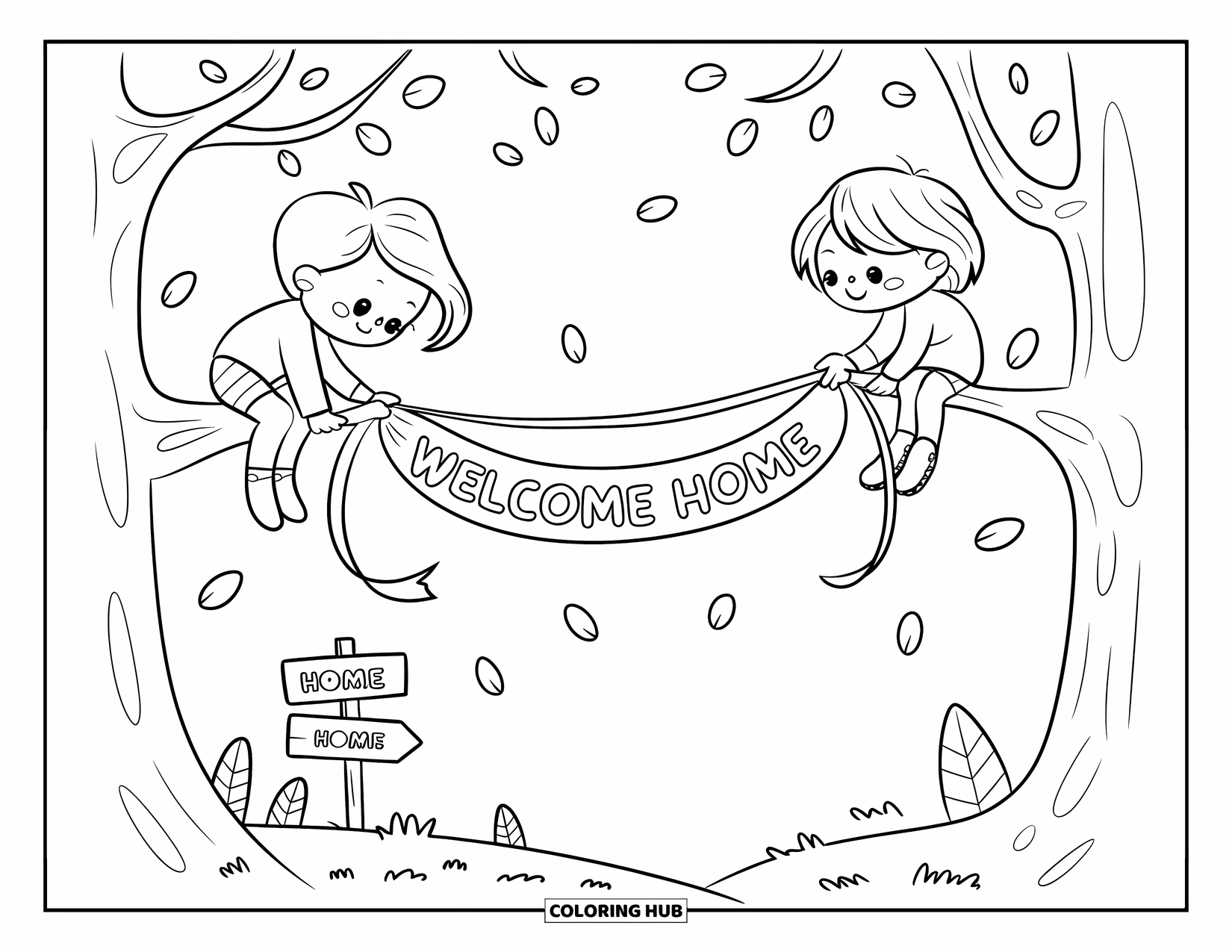 Welcome Home Coloring Page for Adults: Kids in tree tying "Welcome Home" ribbon and tiny signpost pointing home