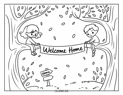 Välkommen hem-målarbild för vuxna: Barn som sitter i träd och knyter "Welcome Home"-band med kronblad som faller