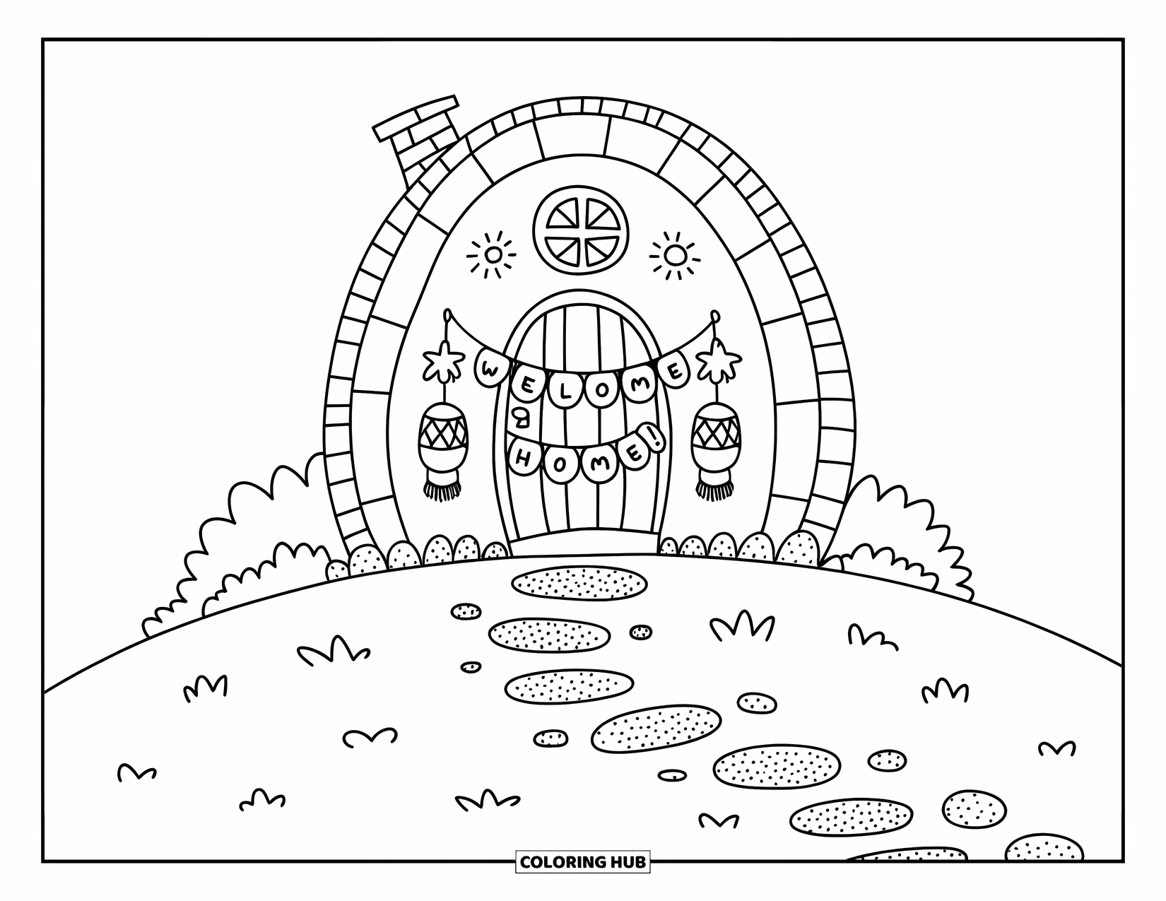 Welcome Home Coloring Page for Adults: Mini cottage on hill with stone path, lanterns, and "Welcome Home!" bunting