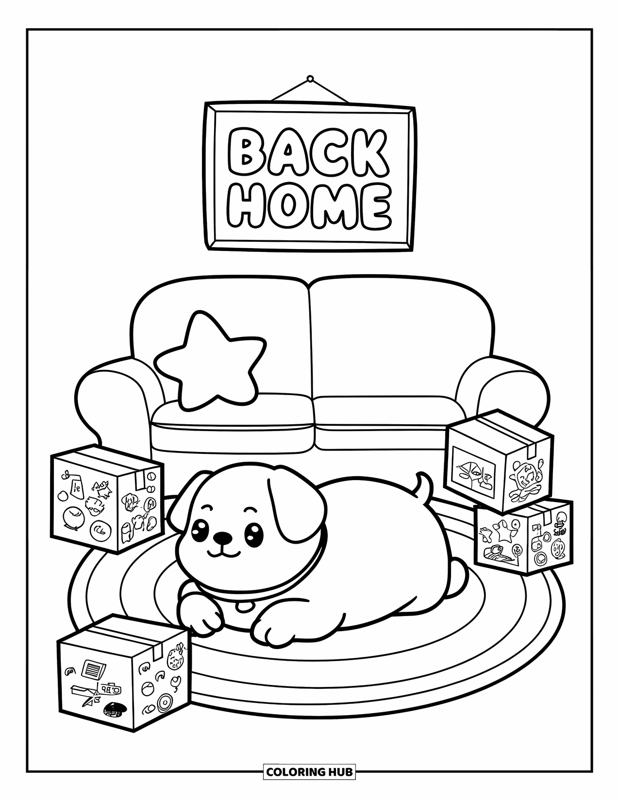 Welcome Home Coloring Page for Adults: Puppy with collar lying near boxes, star pillow, and cozy "Back Home" sign
