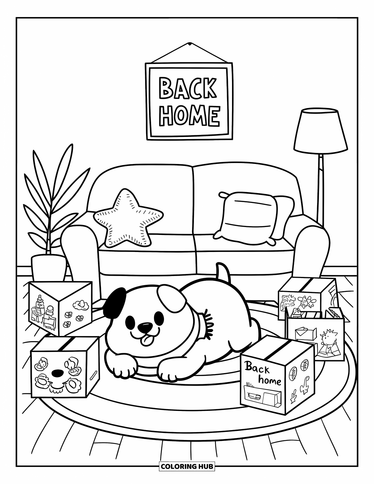 Welcome Home Coloring Page for Adults: Puppy with scarf resting on rug by boxes, star pillow, and "Back Home" sign