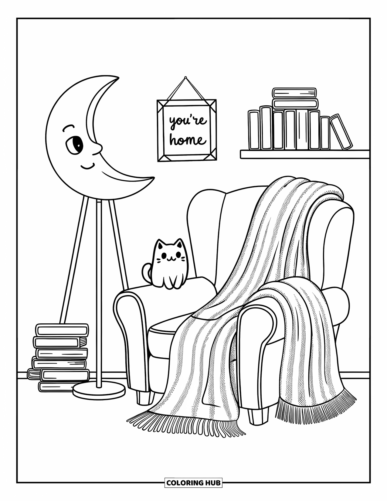 Welcome Home Coloring Page for Adults: Reading chair with blanket, books, moon lamp, cute cat, and "You're Home" sign