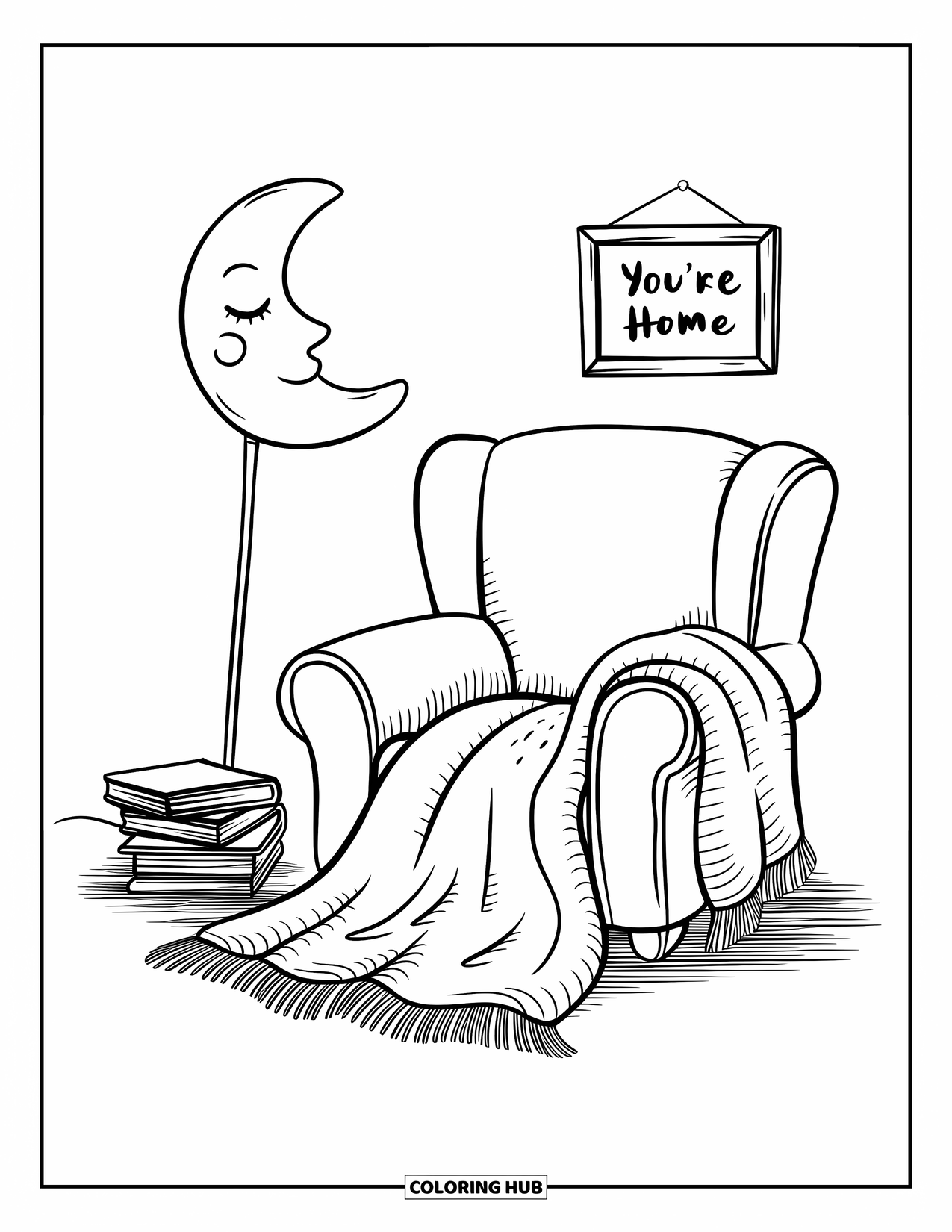 Welcome Home Coloring Page for Adults: Reading corner with blanket, books, moon lamp, and tiny "You're Home" sign above