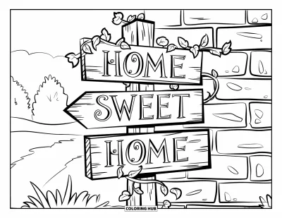 Välkommen hem-målarbild för vuxna: Vägvisare med "Home Sweet Home" och murgröna på en tegelvägg med träd
