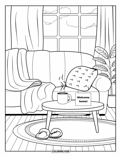 Välkommen hem-målarbild för vuxna: Soffa med filtar, ångande mugg, tofflor och varmt "Welcome Home!"-kort