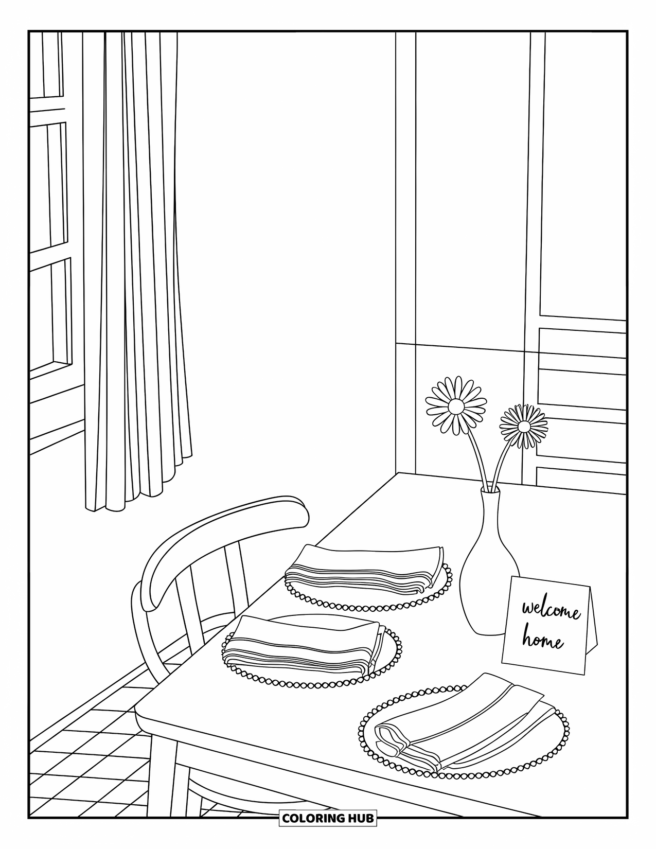 Welcome Home Coloring Page for Adults: Table with folded napkins, flower vase, and hand-drawn "Welcome Home" card