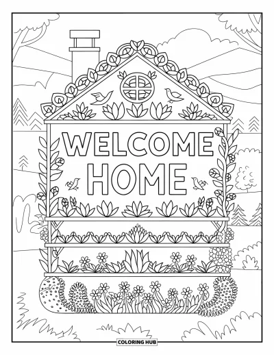 Välkommen hem-målarbild för vuxna: Vertikalt trädgårdshus med fåglar, växter och "Welcome Home" i mitten