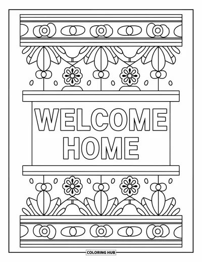 Välkommen hem-målarbild för vuxna: Väggbonad med blomster- och bladmönster och "Welcome Home"-skylt ovanför