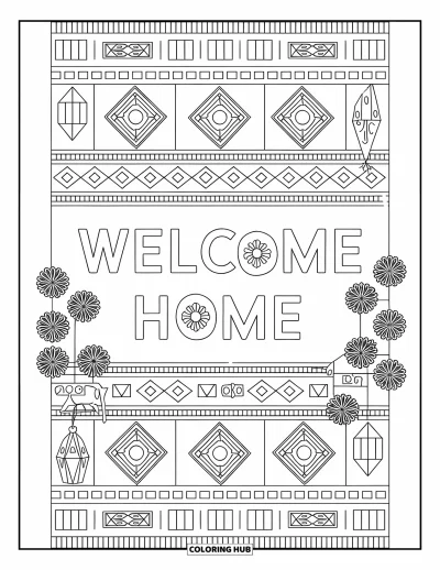 Välkommen hem-målarbild för vuxna: Väggbonad med mönster, växter, lykta och "Welcome Home"-skylt