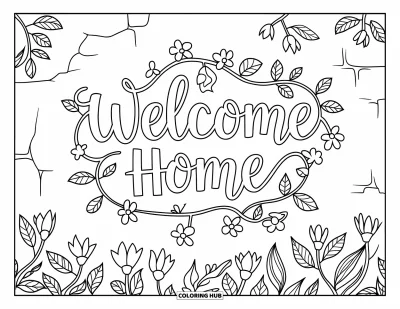 Välkommen hem-målarbild för vuxna: "Welcome Home"-text inramad av blomsterrankor och blad på en sprickig vägg