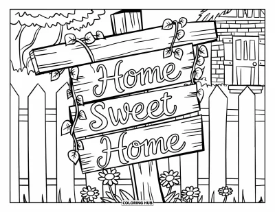 Välkommen hem-målarbild för vuxna: Träskylt med "Home Sweet Home" bland murgröna och prästkragar vid en stuga