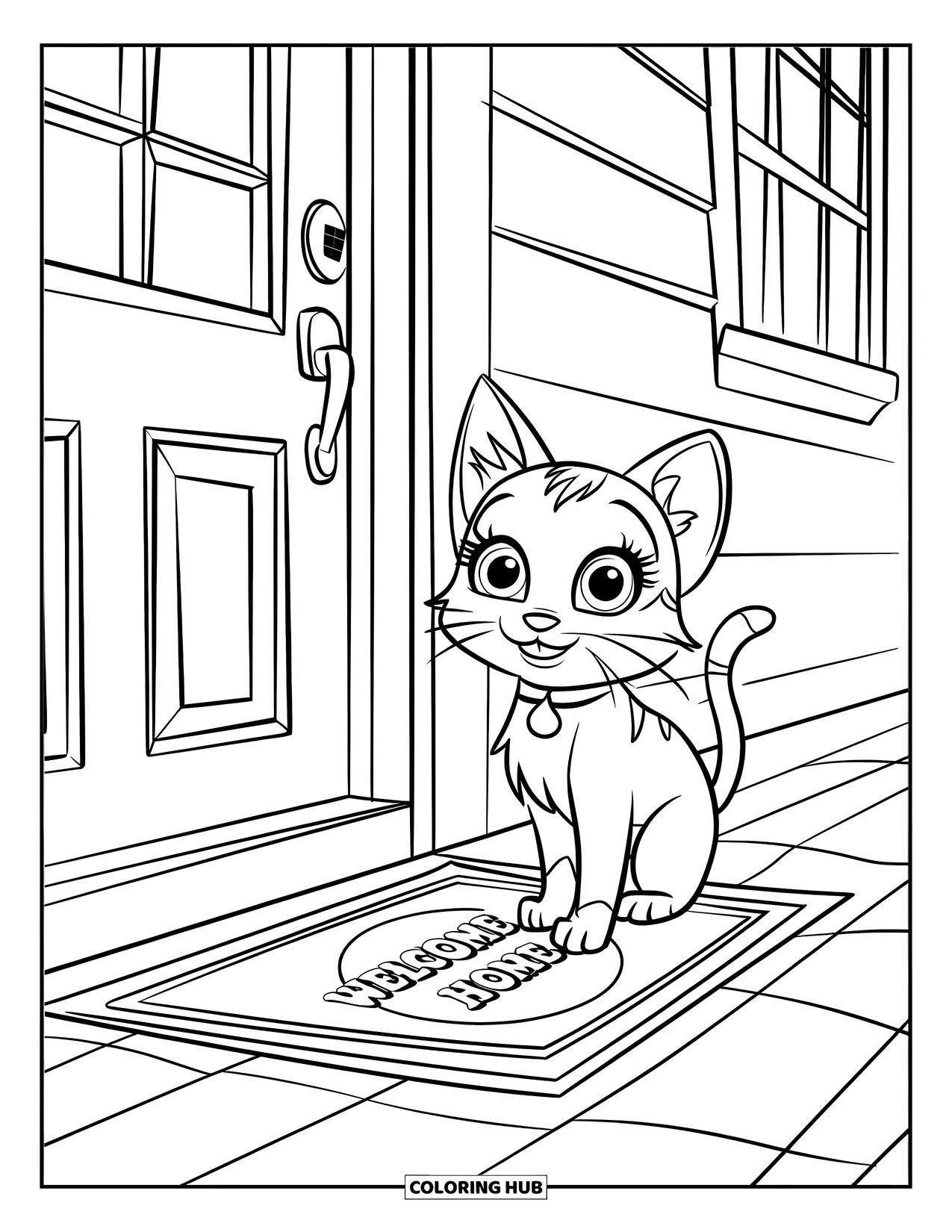 Welcome Home Coloring Page for Kids: Adorable cat by doormat with tiny "Welcome Home" sign and cheerful vibe