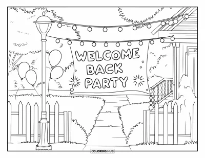 Välkommen hem-målarbild för barn: Ballonger på en lyktstolpe och ett "Welcome Back Party"-band nära ett trivsamt hus