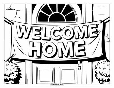 Välkommen hem-målarbild för barn: Stort "Welcome Home"-band ovanför dörren med krukväxter på varje sida