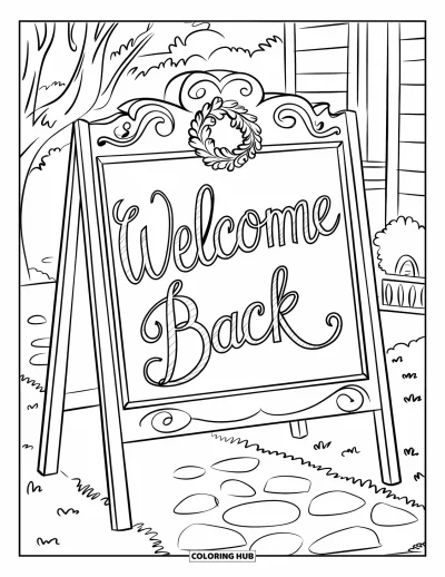 Välkommen hem-målarbild för barn: Svarttavlaskylt på en veranda med krans och snygg "Welcome Back"-text