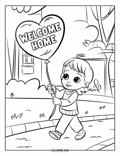 Välkommen hem-målarbild för barn: Barn som går med hjärtballong med texten "Welcome Home" längs en trädkantad stig
