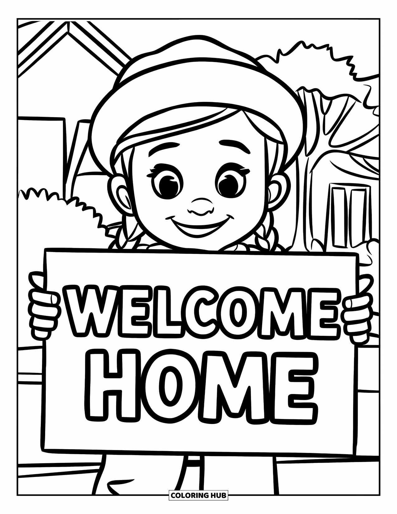 Welcome Home Coloring Page for Kids: Child with hat and braids holding "Welcome Home" sign near house and trees