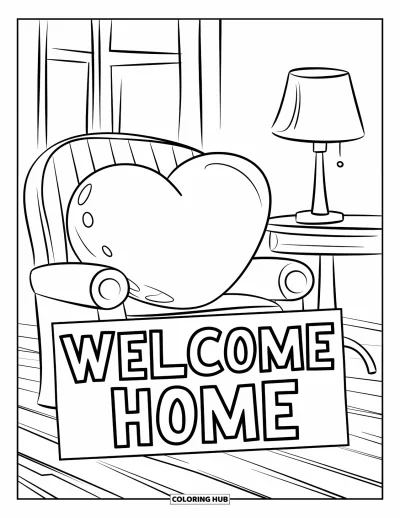Välkommen hem-målarbild för barn: Mysigt rum med hjärtkudde, stol, bord och en söt "Welcome Home"-skylt