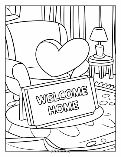 Välkommen hem-målarbild för barn: Mysigt rum med hjärtkudde, stol, bord och en varm "Welcome Home"-skylt