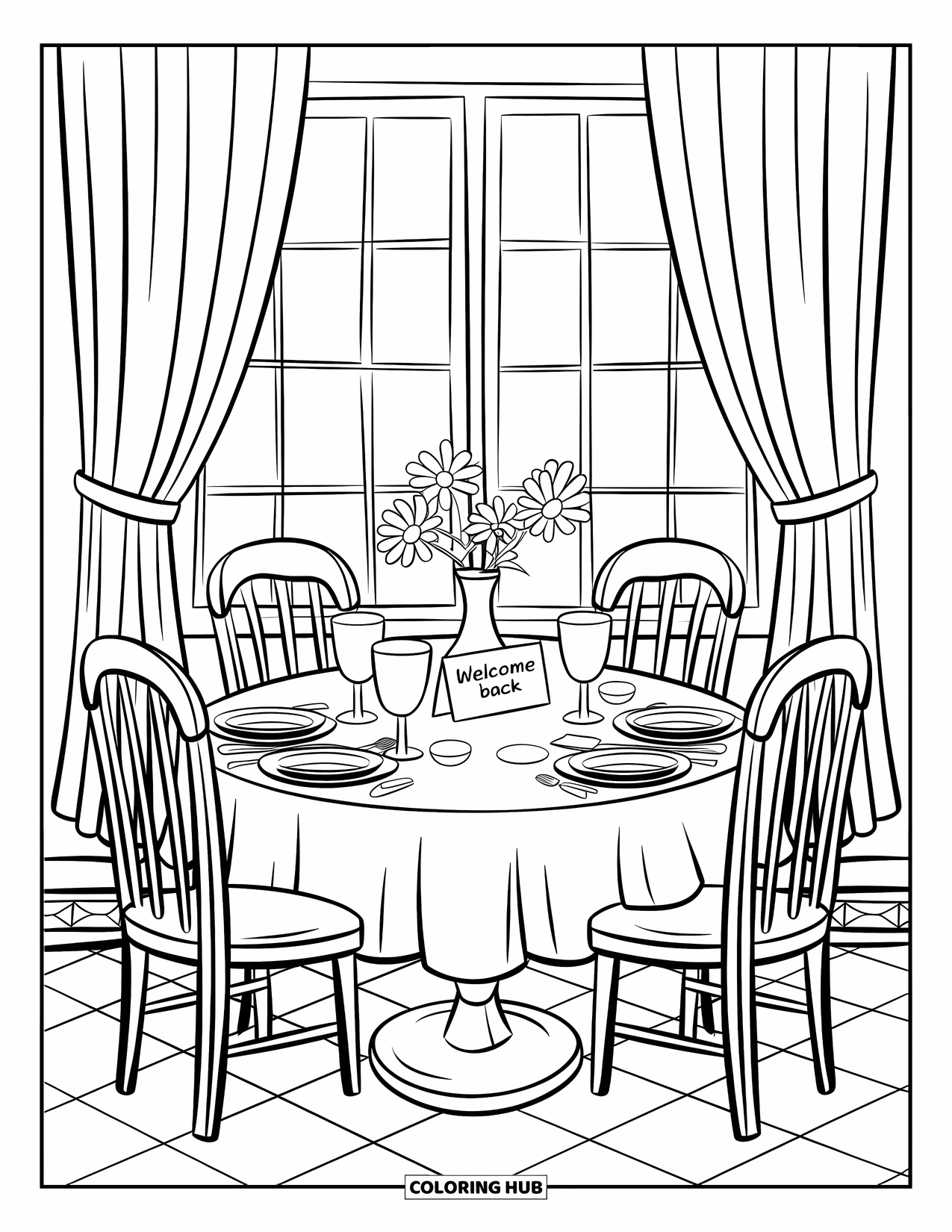 Welcome Home Coloring Page for Kids: Dinner table ready with plates, flowers, and a warm "Welcome Back" card