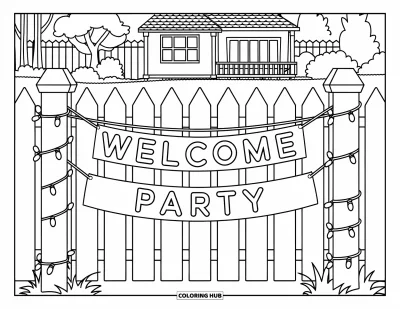Välkommen hem-målarbild för barn: Staketpålar dekorerade med ljusslingor och ett glatt "Welcome Back Party"-band