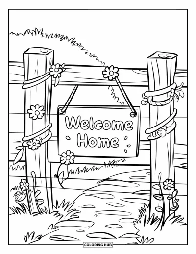 Välkommen hem-målarbild för barn: Staket med blommor, band och en "Welcome Home"-skylt nära en gräsbelagd stig