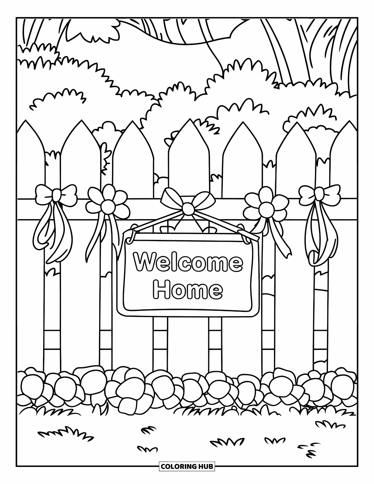 Welcome Home Coloring Page for Kids: Fence with ribbons, flowers, and a sweet "Welcome Home" sign nearby