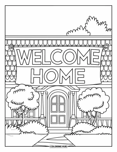 Välkommen hem-målarbild för barn: Hus med stort "Welcome Home"-band och träd med runda blad i närheten