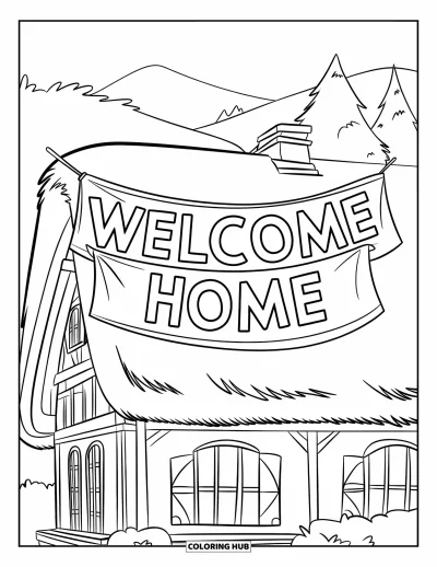 Välkommen hem-målarbild för barn: Hus med stort "Welcome Home"-band, halmtak, träd och berg bakom