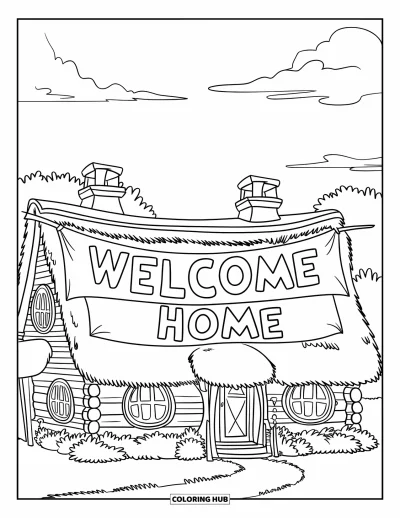 Välkommen hem-målarbild för barn: Hus med halmtak, rökstackar, grönska och ett stort "Welcome Home"-band