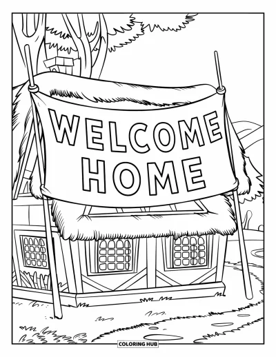 Välkommen hem-målarbild för barn: Hus med träbjälkar, stolpar som håller "Welcome Home"-band och avlägsna berg