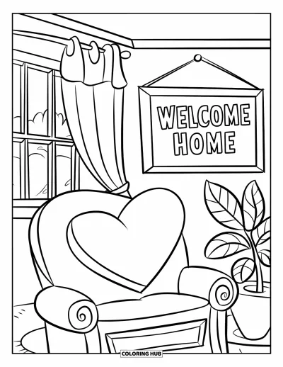 Välkommen hem-målarbild för barn: Inbjudande rum med hjärtkudde, växt, stol och vänlig "Welcome Home"-skylt