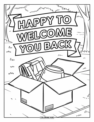 Välkommen hem-målarbild för barn: Öppen låda i en park med föremål och en varm "Happy to Welcome You Back"-skylt