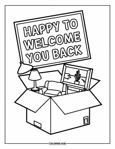 Välkommen hem-målarbild för barn: Öppen låda med hemtrevliga föremål och en söt "Happy to Welcome You Back"-skylt