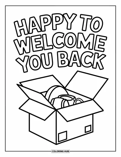 Välkommen hem-målarbild för barn: Öppen flyttlåda fylld med föremål och en glad "Welcome You Back"-lapp