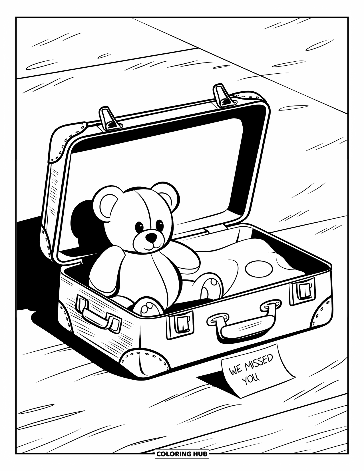 Welcome Home Coloring Page for Kids: Open suitcase with teddy bear and a sweet "We Missed You" note inside