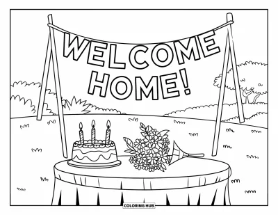 Välkommen hem-målarbild för barn: Festbord med tårta, blommor och ett glatt "Welcome Home!"-band ovanför