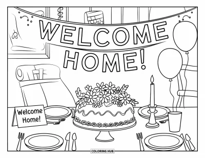 Välkommen hem-målarbild för barn: Festbord med tårta, blommor, ljus och festliga "Welcome Home!"-skyltar
