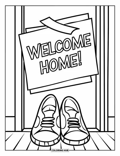 Välkommen hem-målarbild för barn: Skor vid dörren och en mysig "Welcome Home!"-lapp ovanför dem