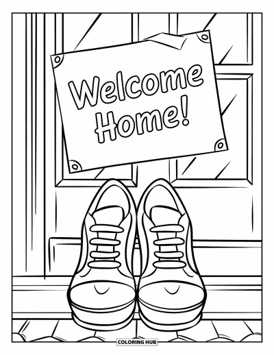 Välkommen hem-målarbild för barn: Skor nära dörröppningen med en hjärtlig "Welcome Home!"-lapp ovanför