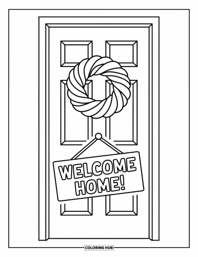 Välkommen hem-målarbild för barn: Enkel dörr med krans och liten "Welcome Home!"-skylt nedanför