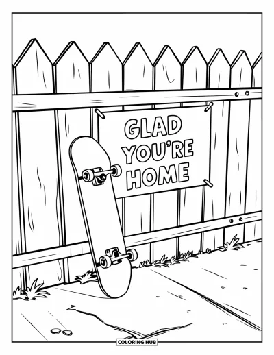 Välkommen hem-målarbild för barn: Skateboard vid ett trästaket med en varm "Glad You're Home"-lapp