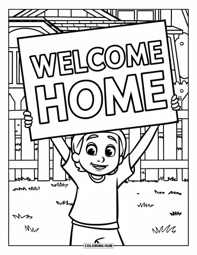 Välkommen hem-målarbild för barn: Leende barn som håller ett stort "Welcome Home"-plakat på en gräsmatta