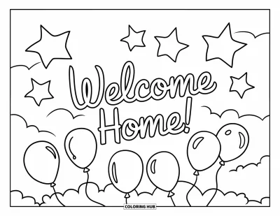 Välkommen hem-målarbild för barn: Stjärnor och ballonger driver med "Welcome Home!" skrivet i kursiv stil på himlen