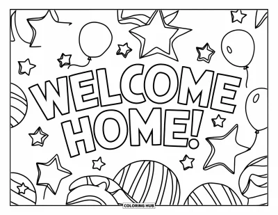 Välkommen hem-målarbild för barn: Stjärnor, ballonger och lekfulla former med fetstilt "Welcome Home!"-text ovanför